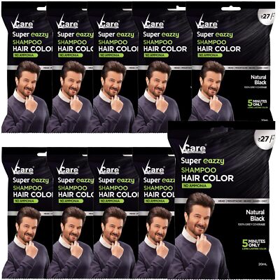 VCare Super Eazzy Hair Colour Shampoo for Women n Men 20ml, (Pack of 10, Black)