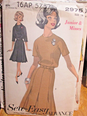 Advance 2975 1950s ; Junior and Misses' Dress. One-Piece Sz 16 UNCUT FOLDED NEW