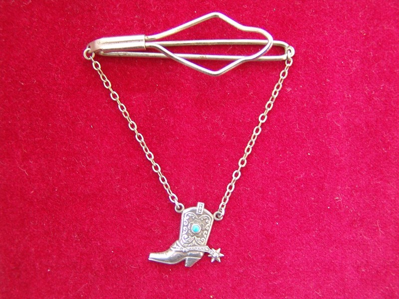 Sterling Silver Vintage Cowboy Boot & Spur with Blue Turquoise Stone Tie Clasp