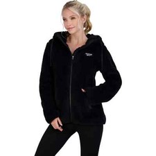NEW Reebok Women s Plush Fleece Zip-Up Hooded Jacket Black Size XL