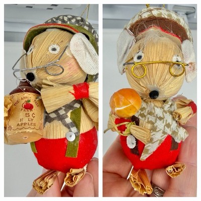 Kurt Adler VTG Corn Husk Mouse Christmas Ornament 1979 Handmade Folk Art 2pc