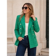 Zara Emerald Green Textured Tweed Double Breasted Blazer Gold Buttons S