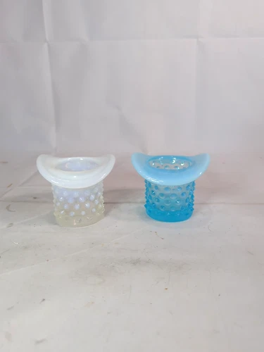 Vintage Set Of 2 Fenton Blue & White Opalescent Hobnail Top Hat 2.5"