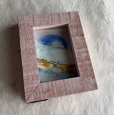 Miniature Planet Watercolor Painting Pink Wood Frame, signed original