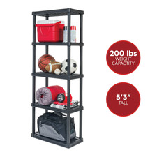 5-Tier Plastic Storage Shelves, 63" H x 11" W x 23" D, 200 Lb Total Capacity, Bl