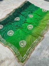 Women Green Chiffon Bandhej Saree with Handmade Kaccha Gotta Work With Blouse