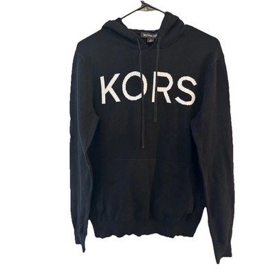 Michael Kors Sweater Mens Small Pullover Black Hooded White Spellout FrontPocket