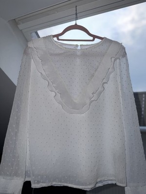 Shein Damen Bluse Basic Gr. S/M Weiß Gepunktet Rundhals Langarm Rüschen