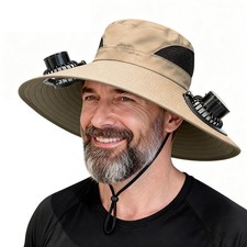 Wide Brim Sun Hat W/2 Solar Powered USB Fans UPF 50 Fit Fishing Beach Outdoor
