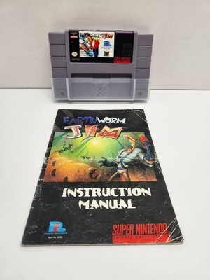Earthworm Jim SNES Super Nintendo Cart, Manual & Dust Cover Authentic Tested 