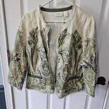 CHICO'S Embellished Tapestry Open Front Fringe Jacket Blazer Womens Sz 2 Large