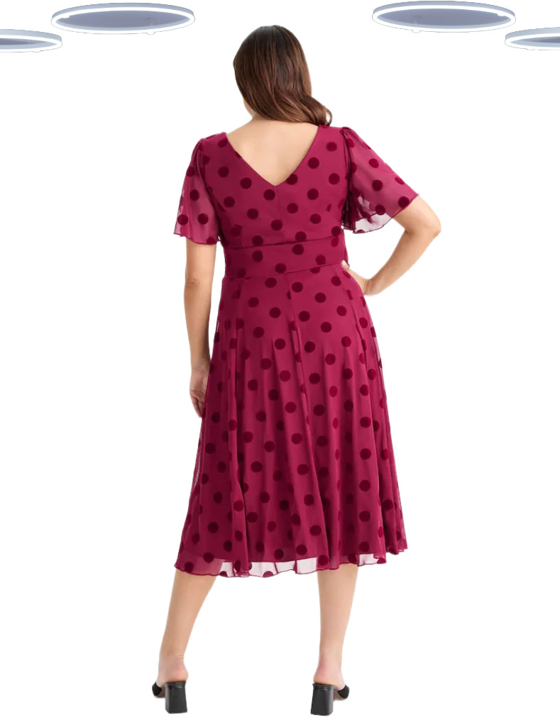 Ex Womens Scarlett & Jo Victoria Wine Velvet Flock Spot Midi Dress RRP- £90 image 4
