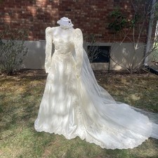 Vtg Wedding Dress Bow Satin M L Ivory Victorian Lace Gown Train Union Veil A