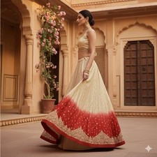 Sanskriti Vintage Red-Golden Lehenga Pure Satin Hand Embroidery Zardozi Unstitch