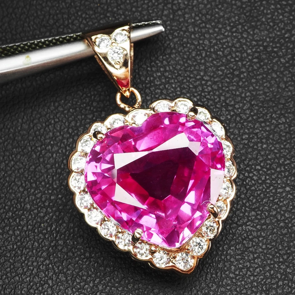 Ciondolo aureola cuore zaffiro rosa magenta 17,45 ct argento sterling 925... - Immagine 2 di 4
