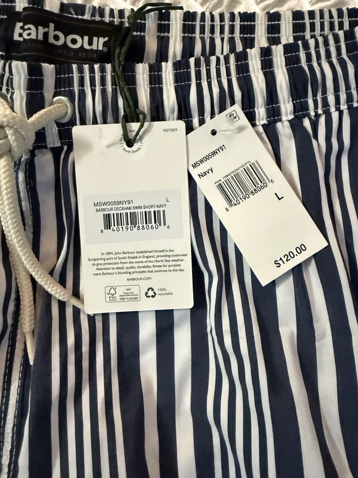 Barbour Men’s Swim Trunks NWT Vertical Stripe 6 Inch Inseam Navy White Large - Image 2 of 4
