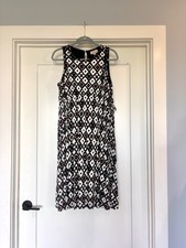 LOFT Black/ White/Peach Geometric Irate Sleeveless Tie Waist Midi Dress- Sz L