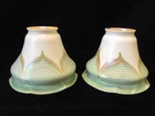 Pair Of Steuben Durand Style Pulled Feather Green And Gold Fluted Shades Aurene