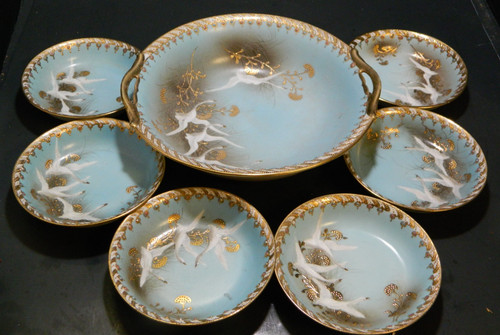 Antique Nippon Hand Painted Flying Geese Aqua Jeweled (7) Pcs Bowl Set Excellent