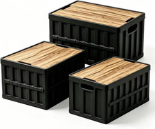 3 Pack Stackable 50L Black Storage Crates with Wooden Lids for Garage RV