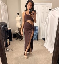 Fashion Nova Brown Maxi Dress, Front Cut Out, Twist Drape, High Slit, S