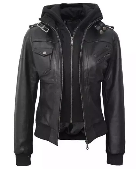 Women’s Black Genuine Lambskin Leather Jacket – Slim Fit with Detachable Hood