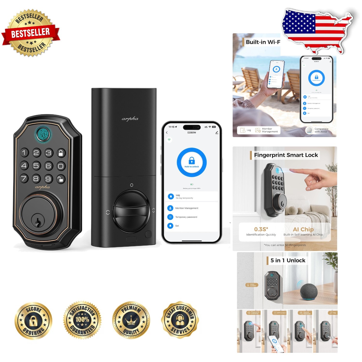 WiFi Smart Lock - 5-in-1 Keyless Fingerprint Deadbolt Easy Install  -image