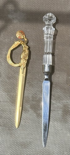 Vintage Art Deco Letter Openers Gold Plated Waterford Crystal Handle Erte