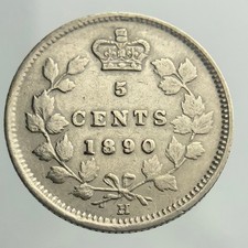 1890 H Canada Small Five Cents Queen Victoria Circulated 5 Silver Coin NGS034