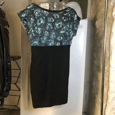 Ann Taylor Womans Blouson Dress 6 Blue Black Rayon Colorblock Knee Length