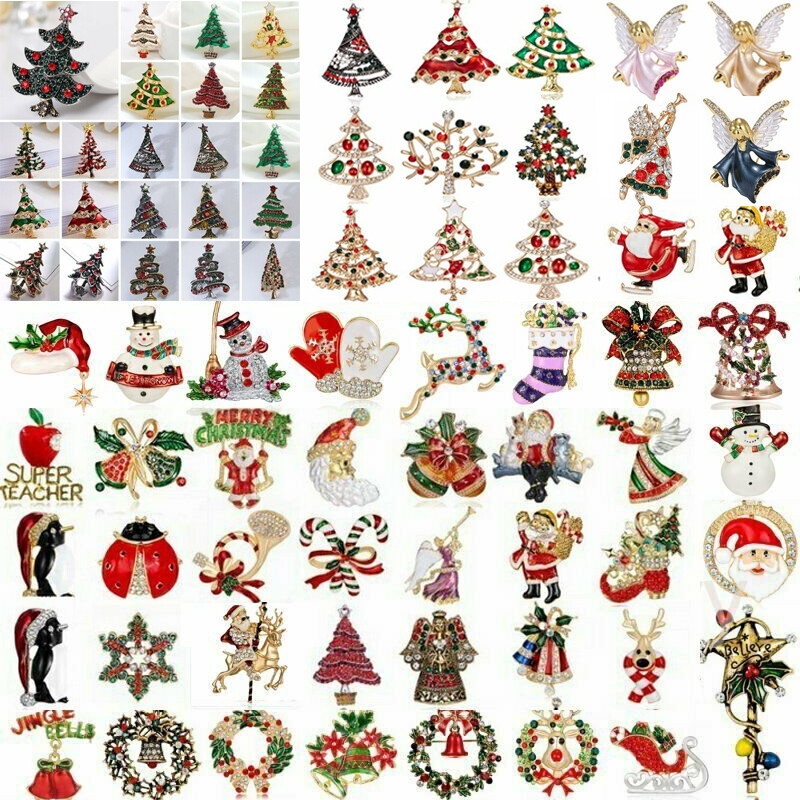 Christmas Brooch Pin Crystal Santa Claus Enamel Tree Snowman Xmas Party Jewelry