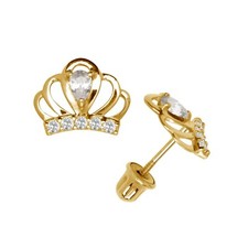 Solid 14K Gold Royal Crown CZ Screw back Studs Earrings with April Birthstone