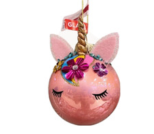 Pink Hidden Unicorn Glass Ornament - Rainbow Glitter Magic Princess Horse Animal