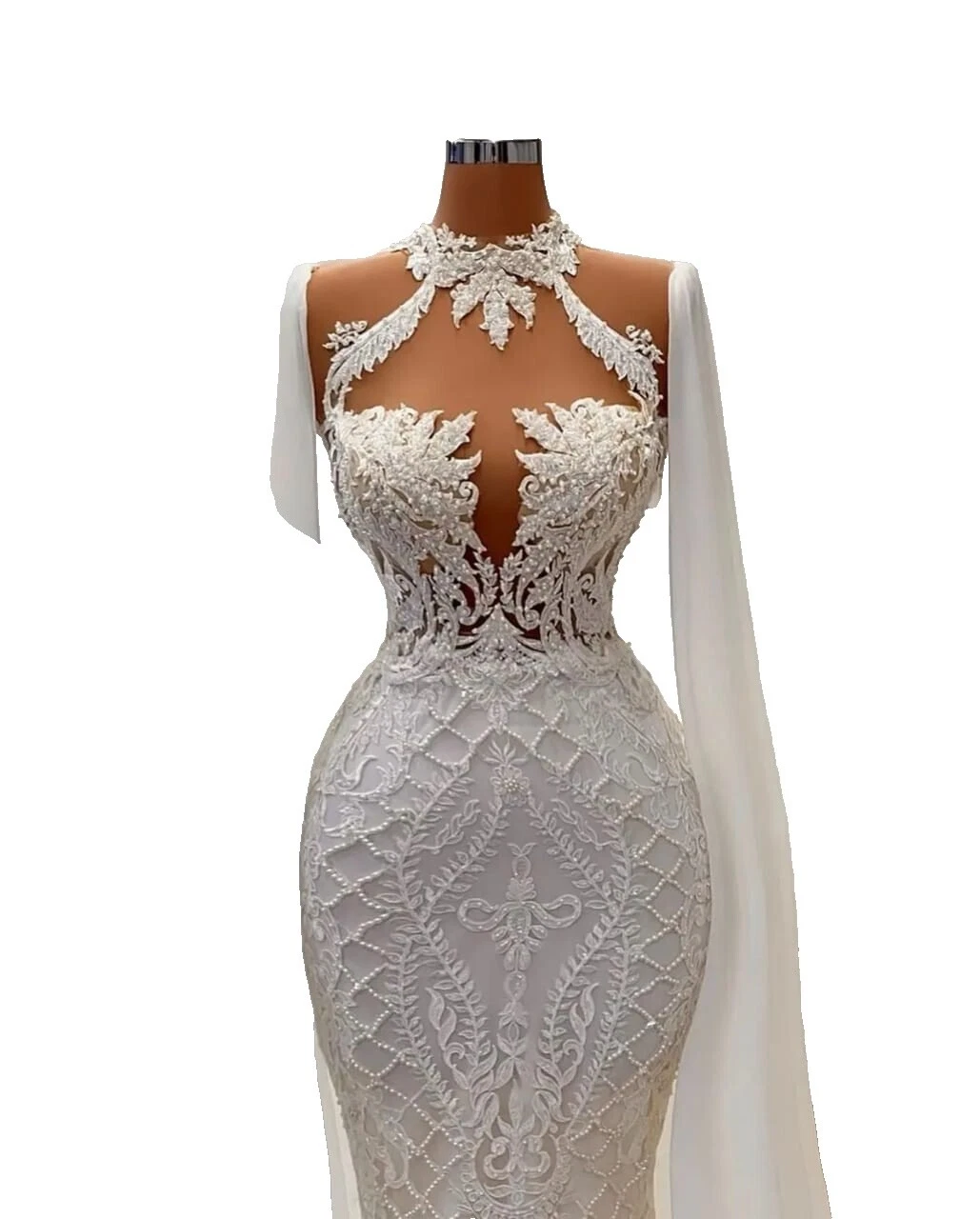 V Neck Long Sleeve White Wedding Dresses