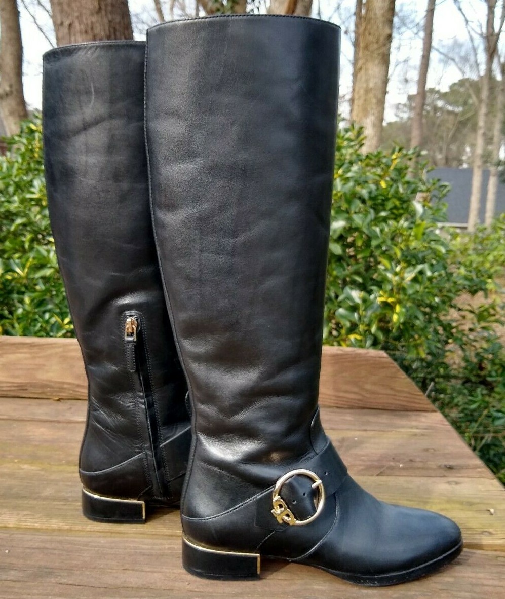 Tory Burch Sofia Tall Leather Riding Boots Black Gold Logo Buckle