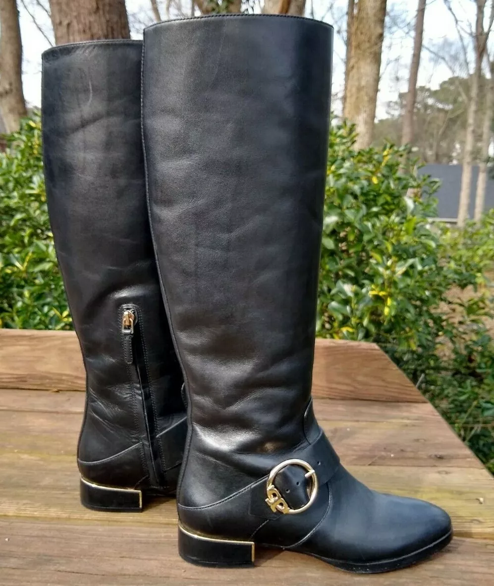 Tory Burch Sofia Tall Leather Riding Boots Black Gold Logo Buckle Belted Size 6