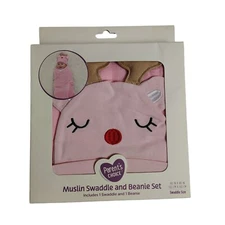 Parents Choice Muslin Swaddle and Beanie Pink Cotton Reindeer Set For Babies