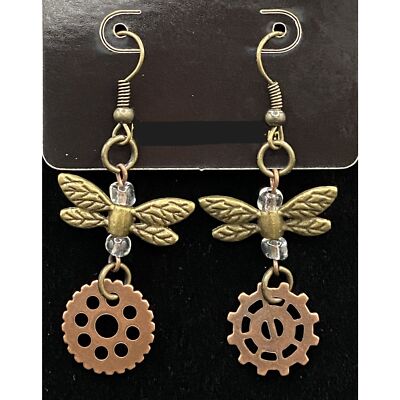 Steampunk Dragonfly & Gear Earrings by Neanie-Bot