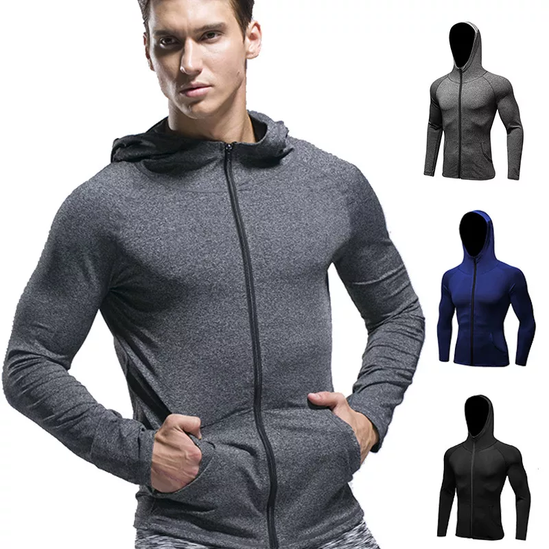 Men's Compression Hoodie Workout Gym Running Hooded Zip Up Long Sleeve  Shirts