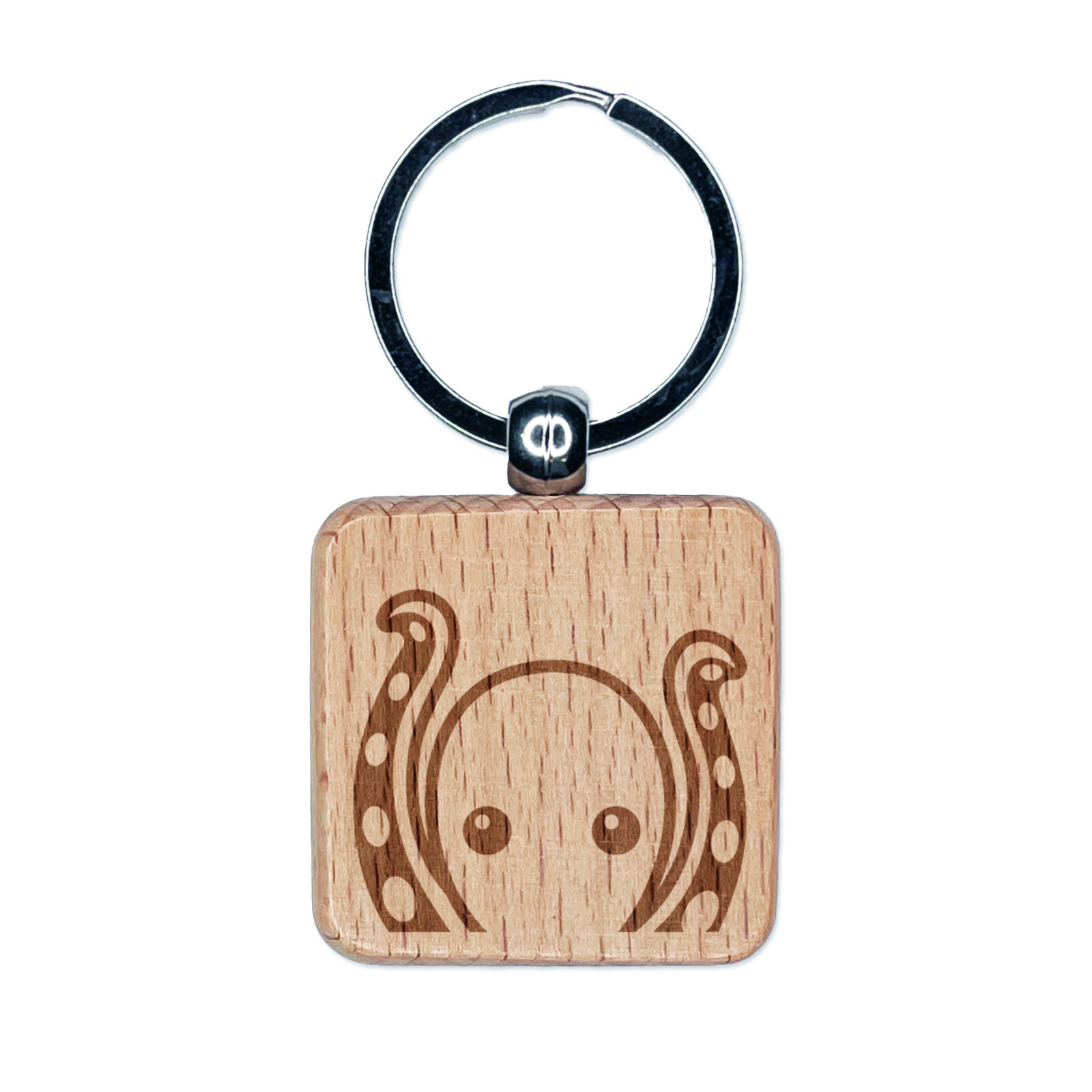 Peeking Octopus Engraved Wood Square Keychain Tag Charm