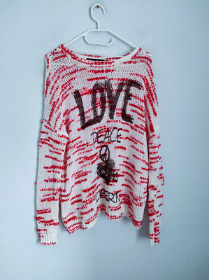 Damenpullover Oui,EU. Gr.(36) ,Love-Peace-Liberty,Langarm,Rot-Weiß-Schwarz   