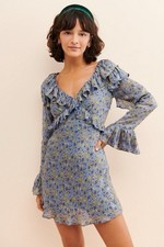 Free People Floral Ruffle Blue Babydoll Longsleeve Mini Dress Retails $150