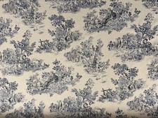Chamonix Village Toile Fabric  Cotton Washed  BLUE Oatmeal Curtain Blind