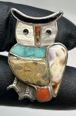 Vintage Zuni Owl Inlay Stone Ring Silver 925 by Blake and Velma Lesansee VB Sz.8