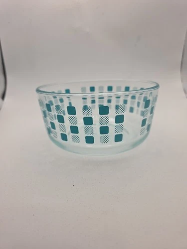 Pyrex Glass 7201 Nesting Bowl Clear Teal Squares Square Dots 1 Qt No Lid