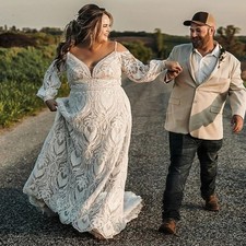 Lace Boho Plus Size Wedding Dresses Removable Long Sleeve V Neck Bridal Gowns