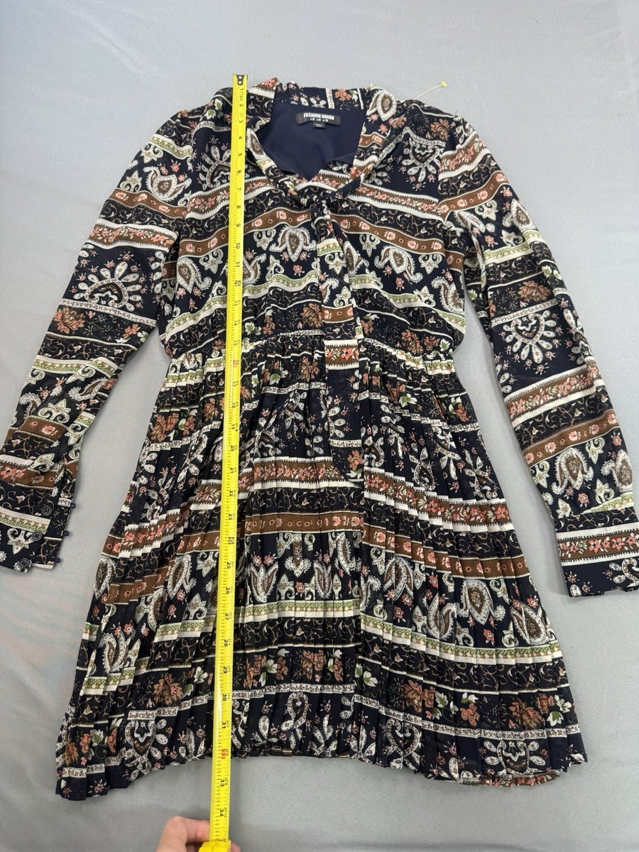 fashion union floral dress Fashion Union Shirt Dress Size Small Long Sleeve Paisley Floral Tie Neck