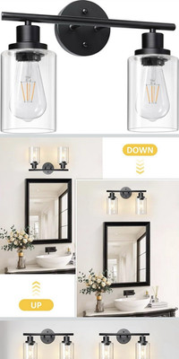 Unicozin 2-Light Vanity Light Matte Black, Clear Glass Shade, E26, RJ-WR02