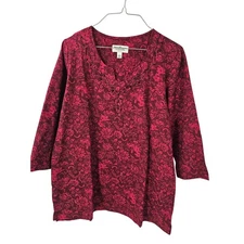NORM THOMPSON Burgundy Red Floral 3/4 Sleeve Top Womens Size Petite Medium PM
