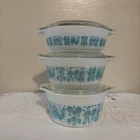 6 pc Pyrex Amish Butterprint Turquoise White Casserole Bowls w/Lid 471, 472, 473